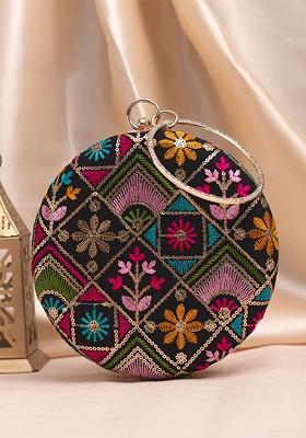 Purple Satin Embroidered Box Clutch