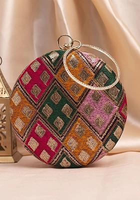 Yellow Satin Embroidered Box Clutch