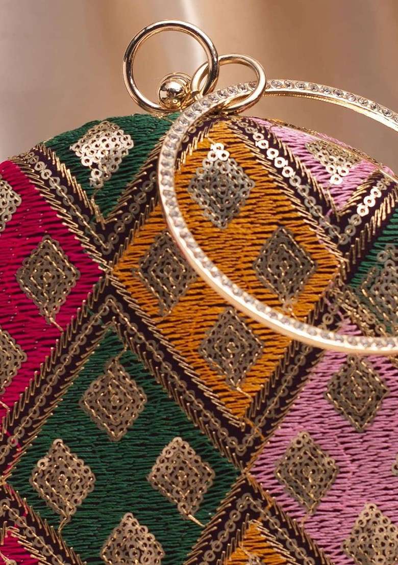 Yellow Satin Embroidered Box Clutch - Indya