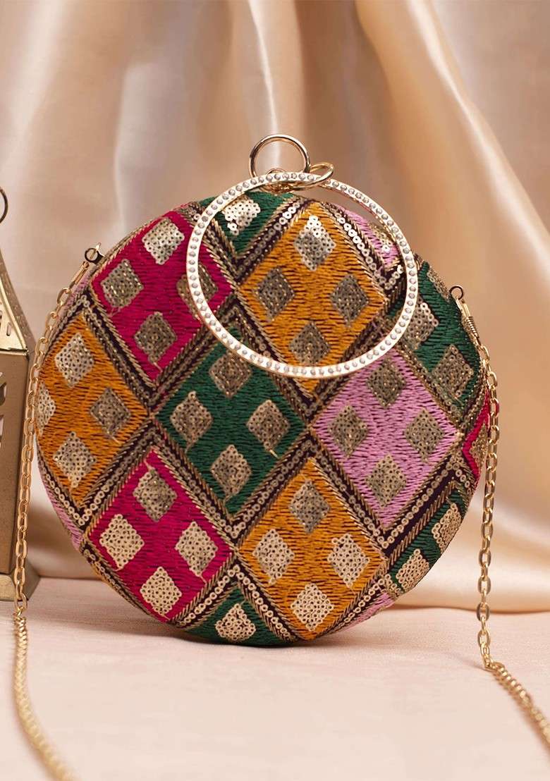 Yellow Satin Embroidered Box Clutch - Indya