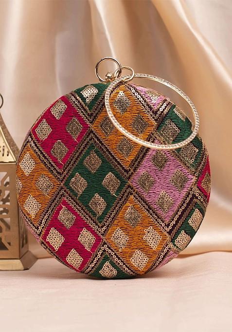 Yellow Satin Embroidered Box Clutch