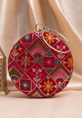Red Satin Embroidered Box Clutch