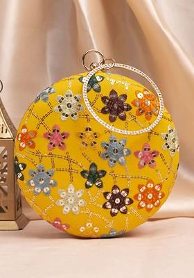 Yellow Satin Embroidered Box Clutch