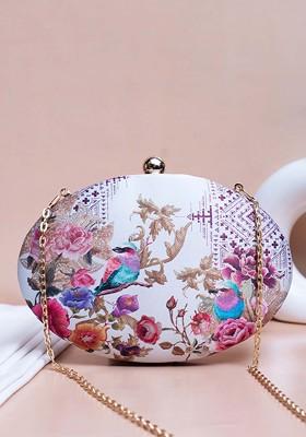 White Fabric Floral Birds Printed Oval Box Clutch With Shoulder Strap