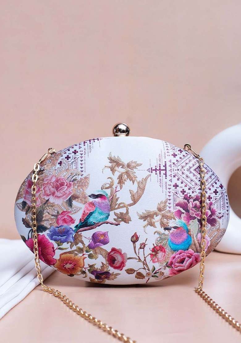 White Fabric Floral Birds Printed Oval Box Clutch With Shoulder Strap - Indya