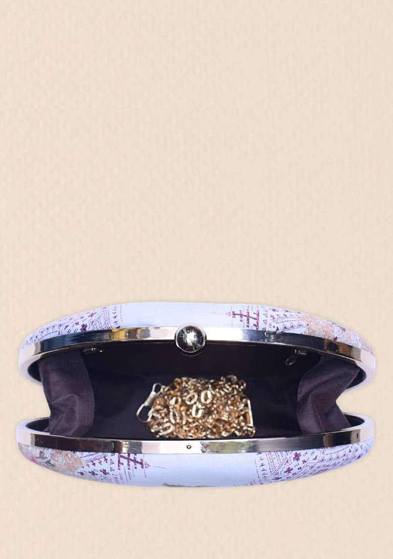 White Fabric Floral Birds Printed Oval Box Clutch With Shoulder Strap - Indya