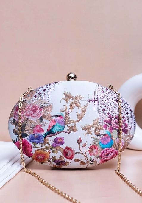 White Fabric Floral Birds Printed Oval Box Clutch With Shoulder Strap