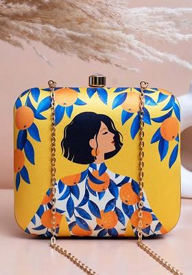 Yellow Fabric Girl Quirky Printed Box Clutch With Shoulder Strap