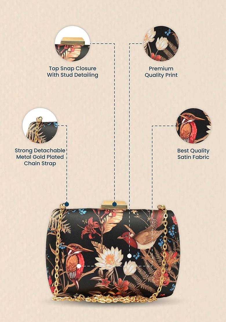 Black Fabric Birds Island Printed Box Clutch With Shoulder Strap - Indya