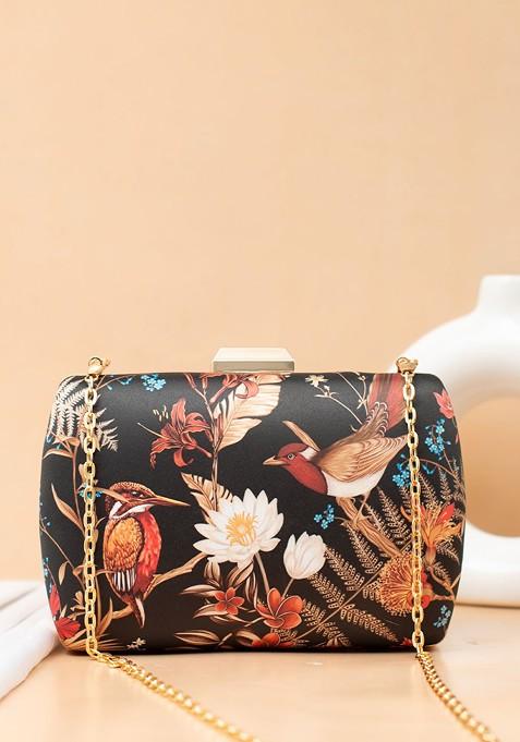 Black Fabric Birds Island Printed Box Clutch With Shoulder Strap