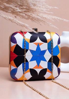 White Fabric Star Printed Shoulder Strap Box Clutch