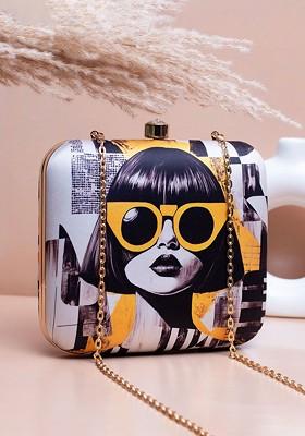 White Fabric Modern Girl Portrait Printed Shoulder Strap Box Clutch