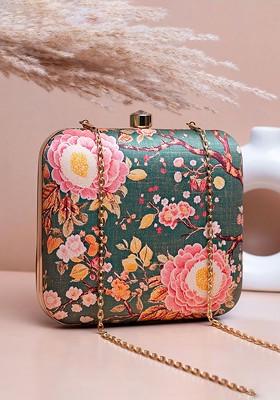 Green Fabric Floral Printed Shoulder Strap Box Clutch