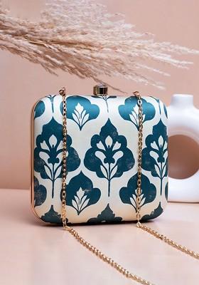 White Fabric Leaf Printed Shoulder Strap Box Clutch