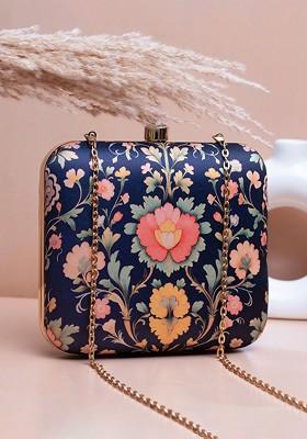 Blue Fabric Floral Printed Shoulder Strap Box Clutch