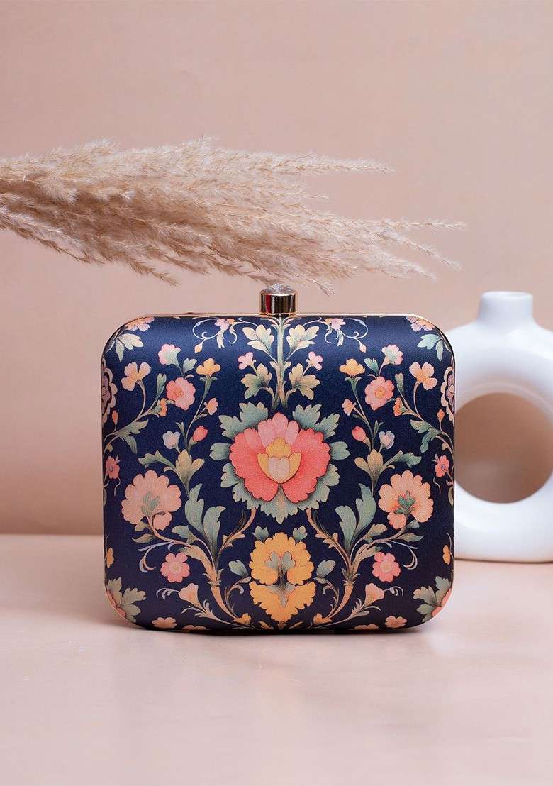 Blue Fabric Floral Printed Shoulder Strap Box Clutch - Indya