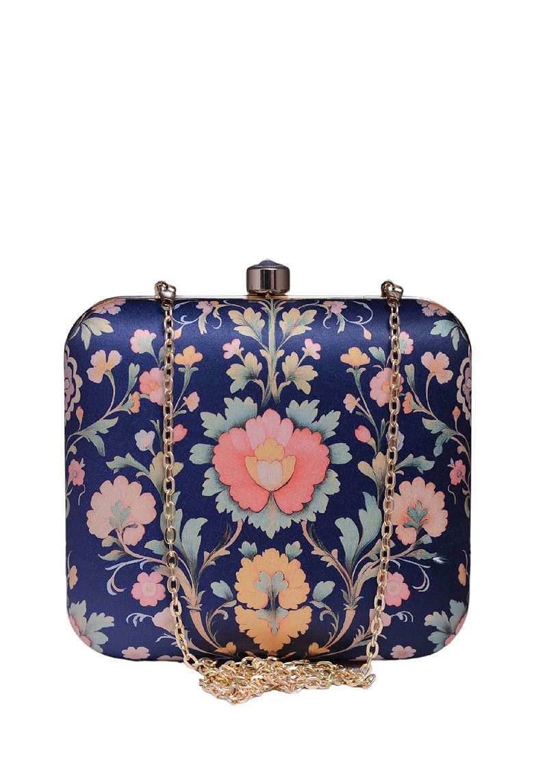 Blue Fabric Floral Printed Shoulder Strap Box Clutch - Indya