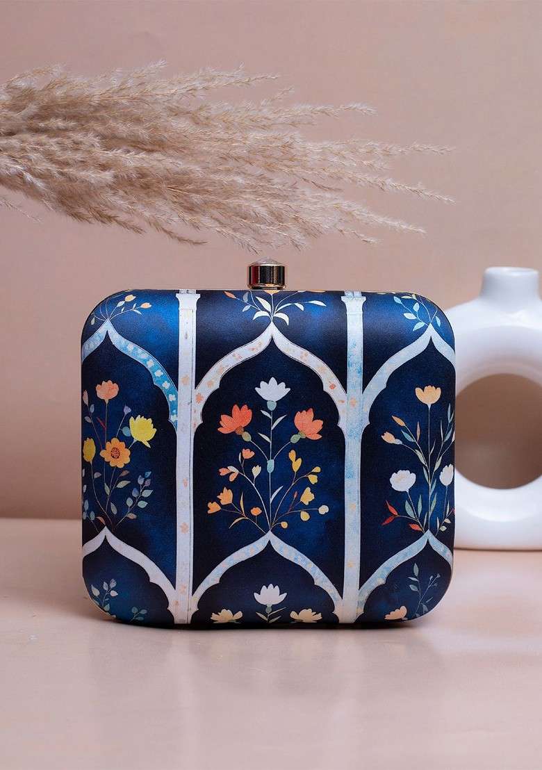 Blue Fabric Floral Printed Shoulder Strap Box Clutch - Indya