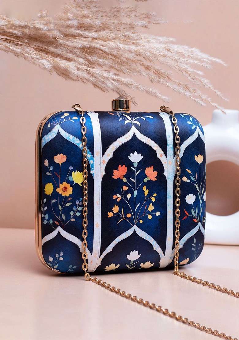 Blue Fabric Floral Printed Shoulder Strap Box Clutch - Indya