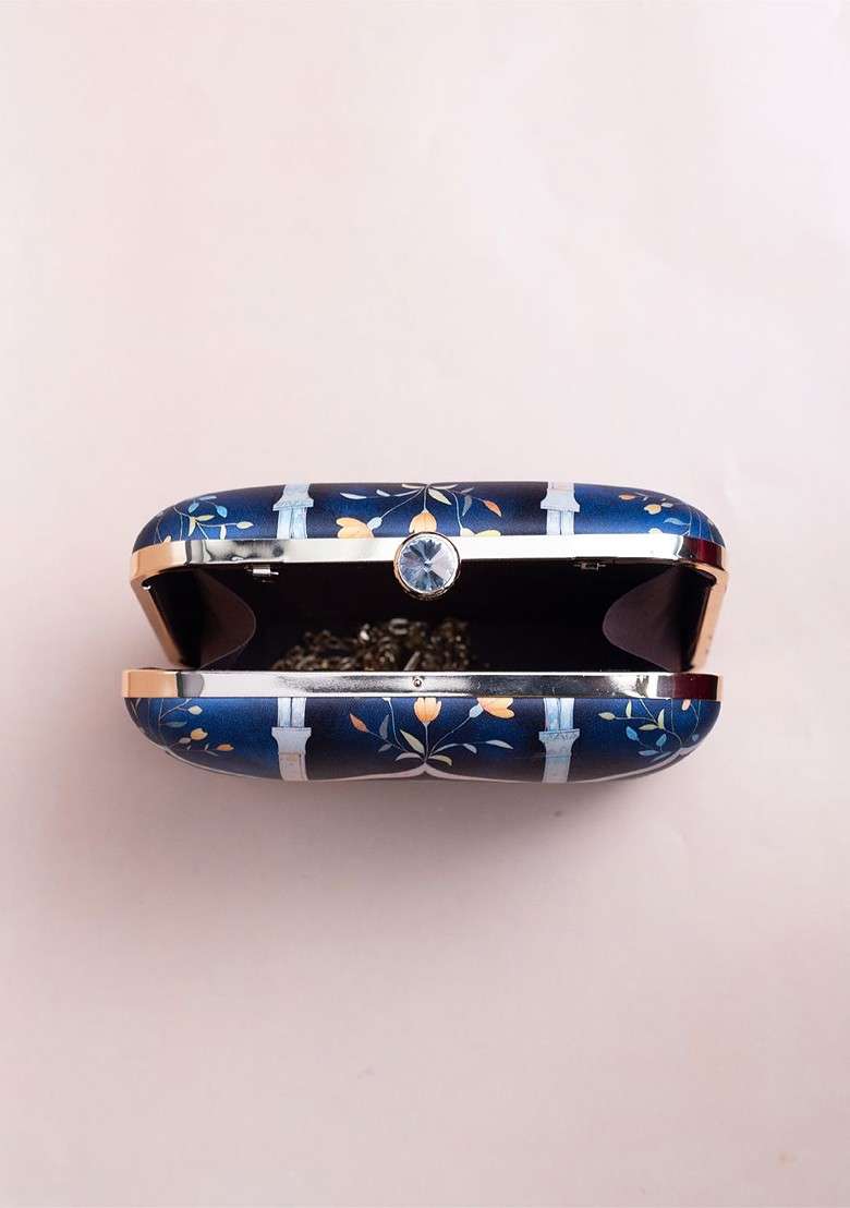 Blue Fabric Floral Printed Shoulder Strap Box Clutch - Indya