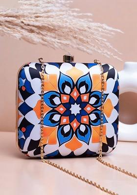 White Fabric Mandala Printed Shoulder Strap Box Clutch
