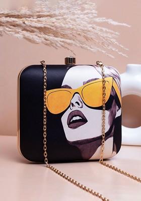 Black Fabric Portrait Printed Shoulder Strap Box Clutch