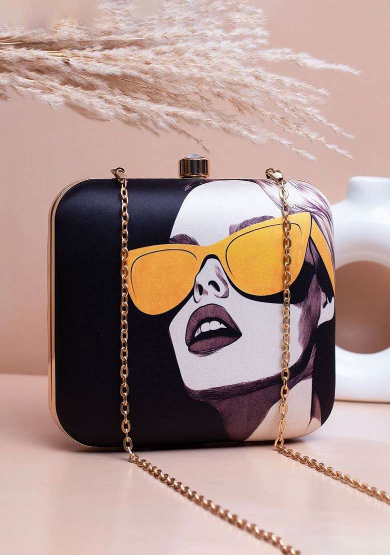 Black Fabric Portrait Printed Shoulder Strap Box Clutch - Indya