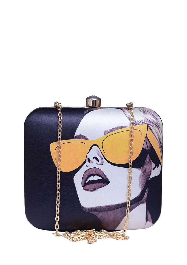 Black Fabric Portrait Printed Shoulder Strap Box Clutch - Indya