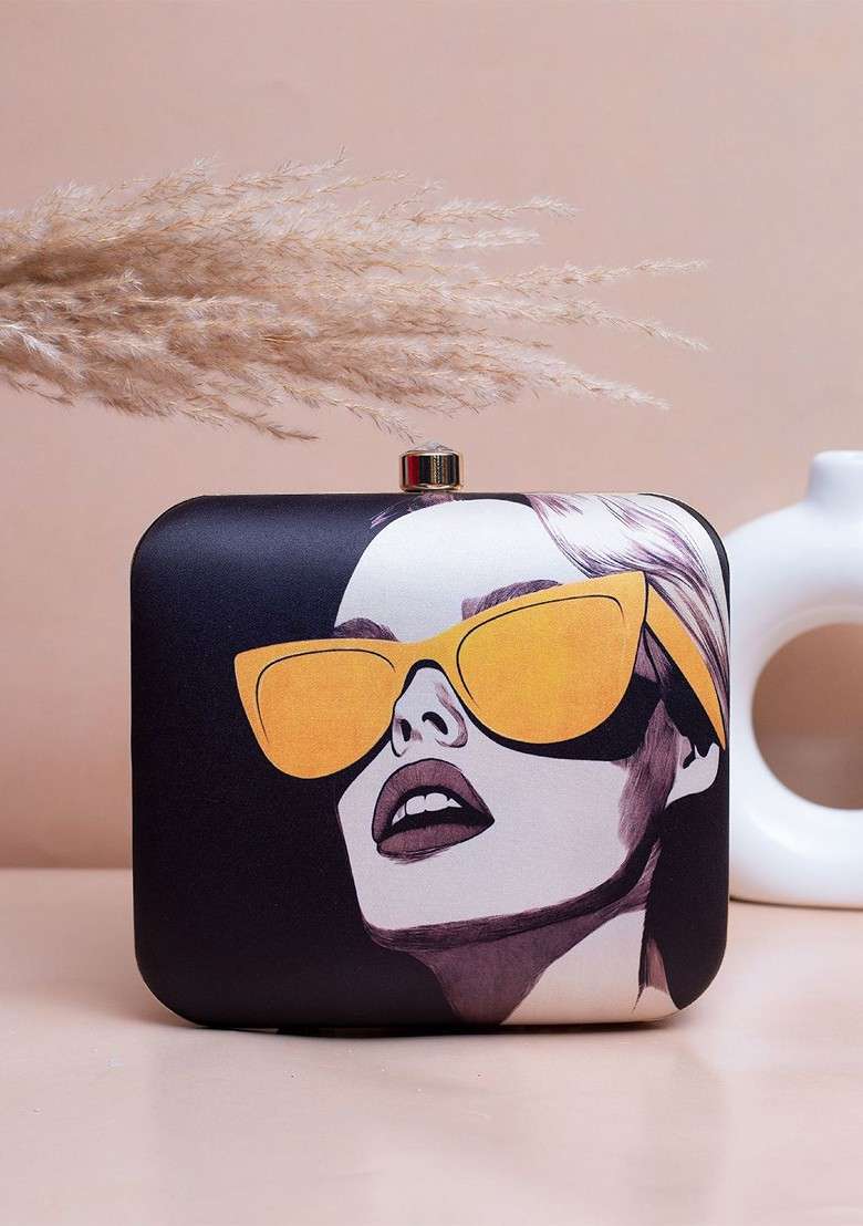 Black Fabric Portrait Printed Shoulder Strap Box Clutch - Indya