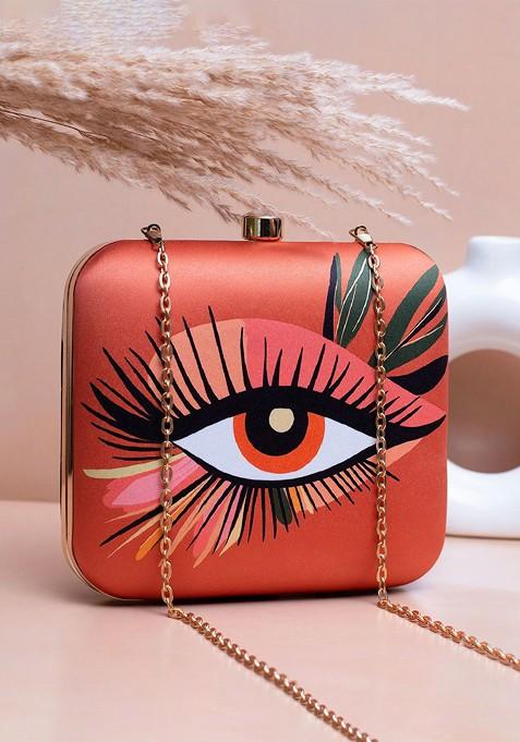 Orange Fabric Eye Printed Shoulder Strap Buckle Detail Box Clutch