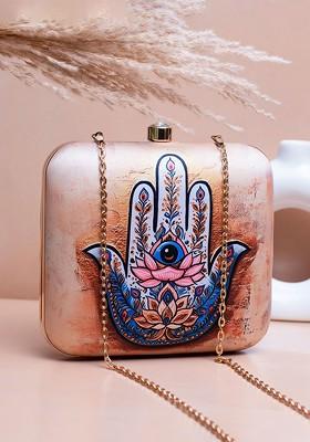 Beige Fabric Hamsa Hand Printed Shoulder Strap Box Clutch