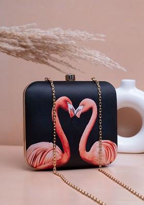 Black Fabric Flamingos Printed Shoulder Strap Box Clutch