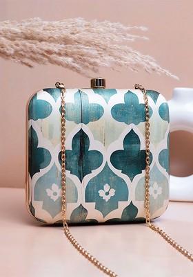 White Fabric Leaf Printed Shoulder Strap Box Clutch