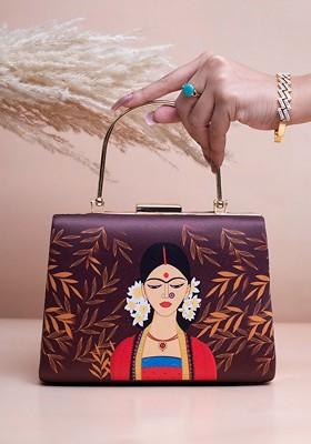 Brown Fabric Elegant Lady Portrait Printed Box Clutch