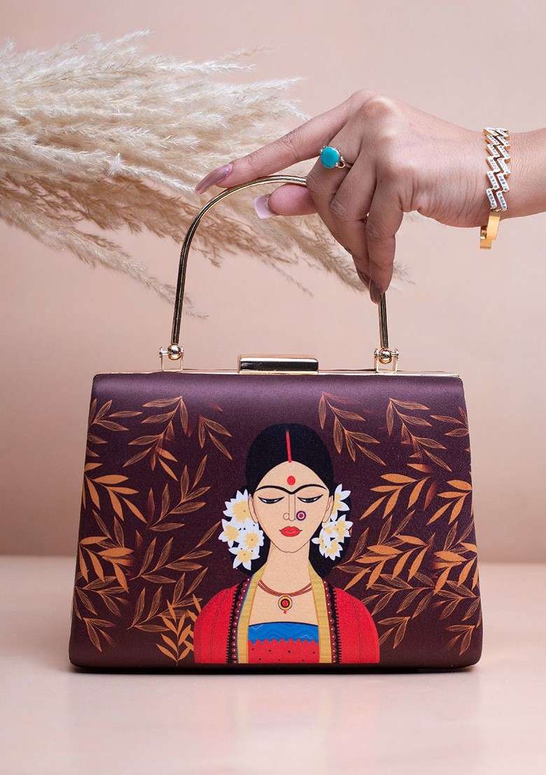 Brown Fabric Elegant Lady Portrait Printed Box Clutch - Indya