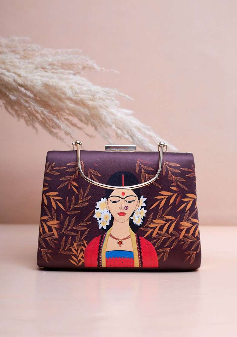 Brown Fabric Elegant Lady Portrait Printed Box Clutch - Indya
