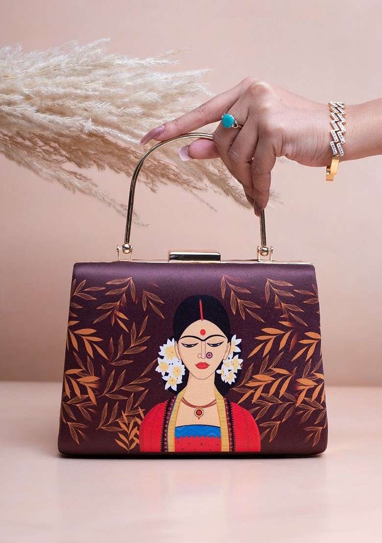 Brown Fabric Elegant Lady Portrait Printed Box Clutch - Indya