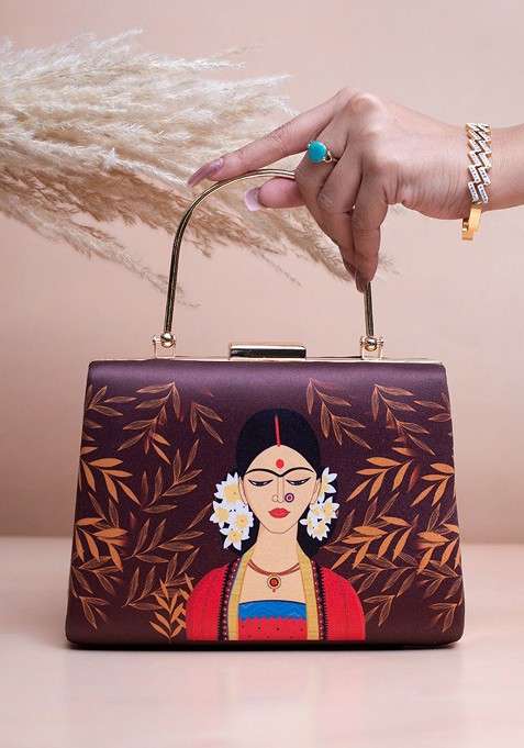 Brown Fabric Elegant Lady Portrait Printed Box Clutch