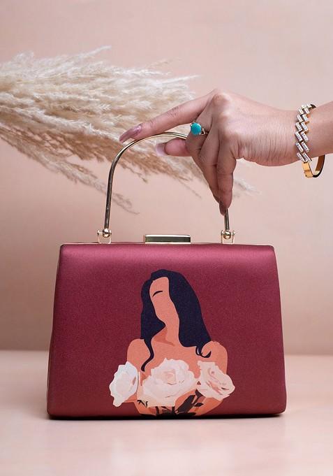 Brown Fabric Floral Girl Portrait Printed Box Clutch