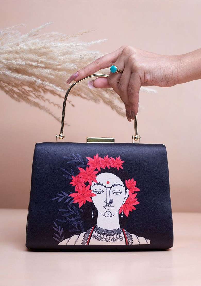 Black Fabric Floral Lady Portrait Printed Box Clutch - Indya