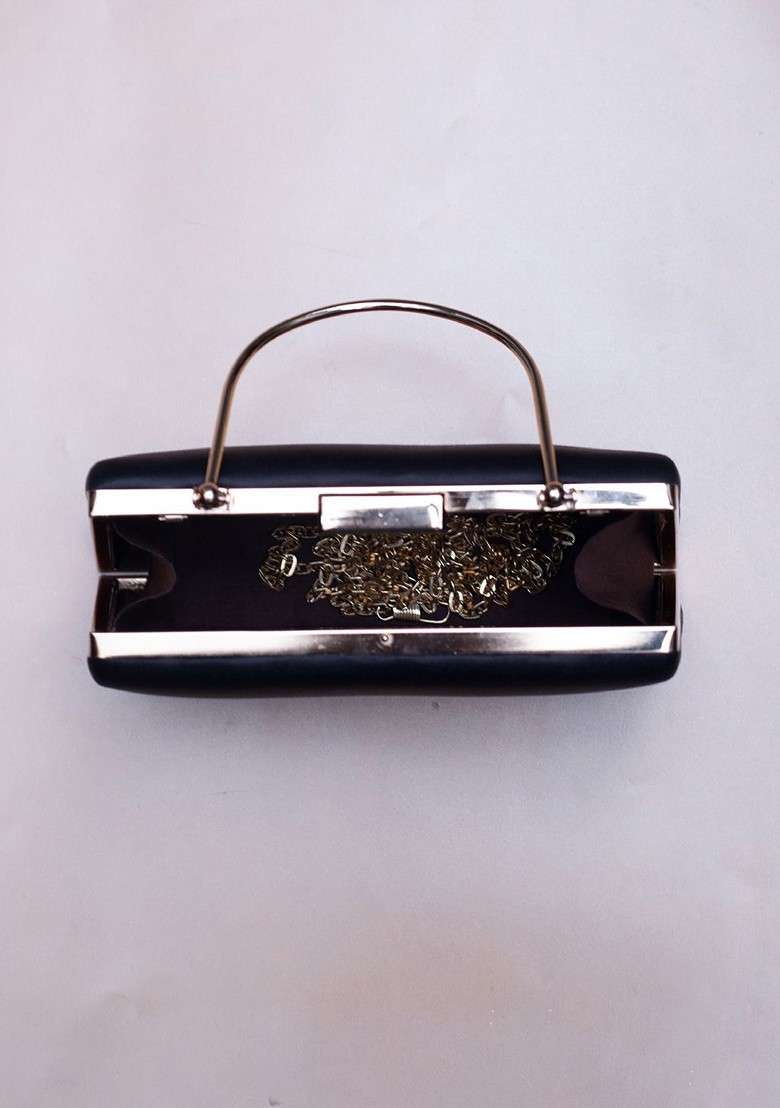 Black Fabric Floral Lady Portrait Printed Box Clutch - Indya