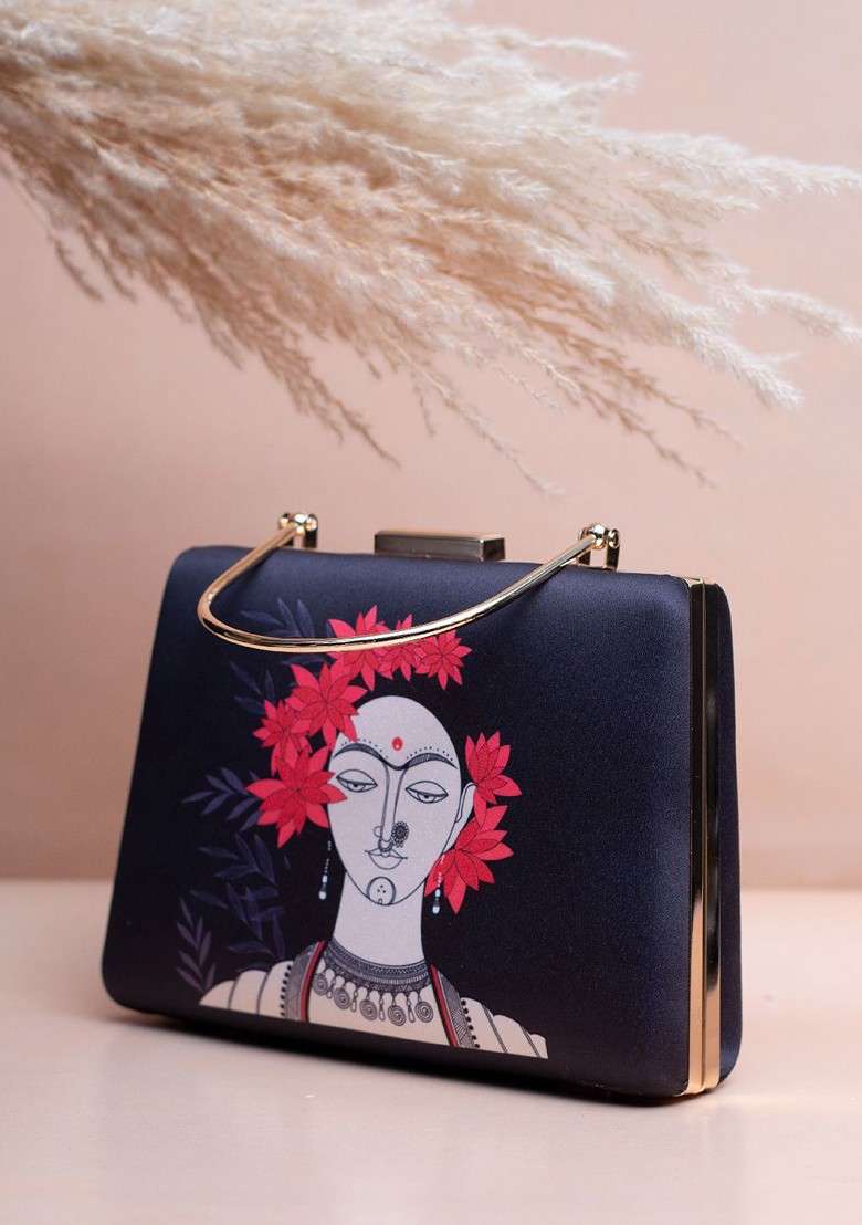 Black Fabric Floral Lady Portrait Printed Box Clutch - Indya