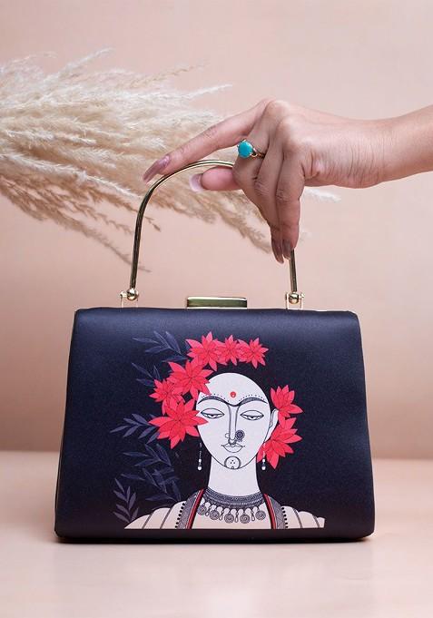 Black Fabric Floral Lady Portrait Printed Box Clutch