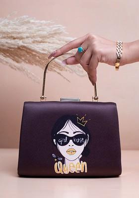 Purple Fabric Girl Boss Printed Box Clutch