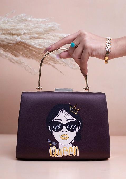Purple Fabric Girl Boss Printed Box Clutch