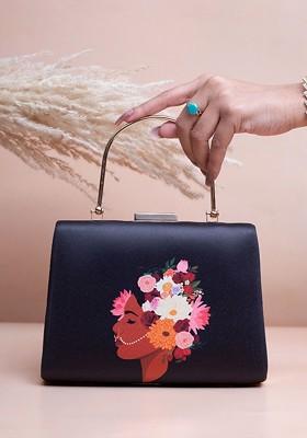Black Fabric Floral Lady Portrait Printed Box Clutch