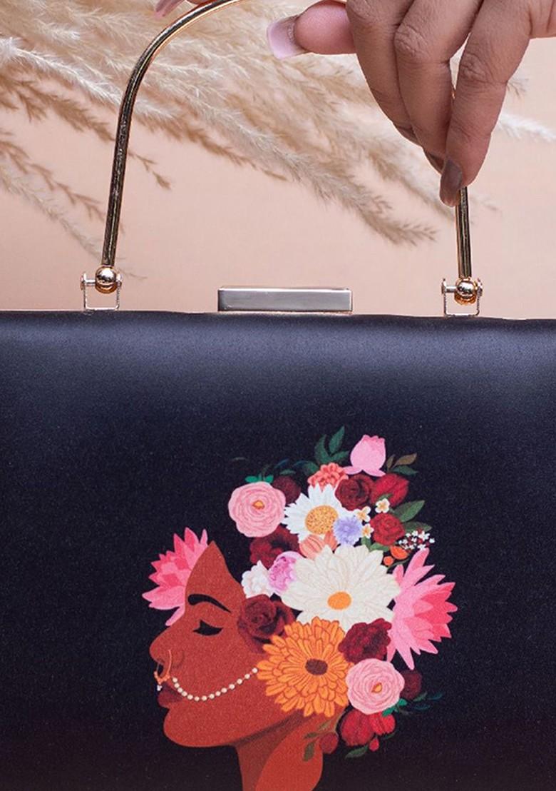 Black Fabric Floral Lady Portrait Printed Box Clutch - Indya