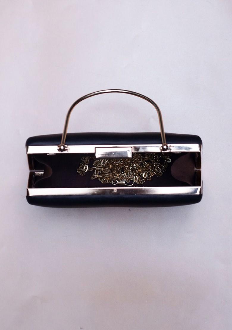 Black Fabric Floral Lady Portrait Printed Box Clutch - Indya