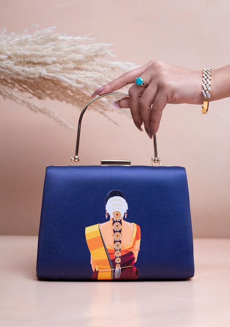 Blue Fabric Printed Box Clutch - Indya