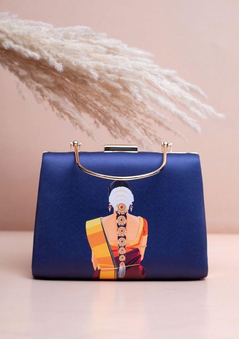 Blue Fabric Printed Box Clutch - Indya